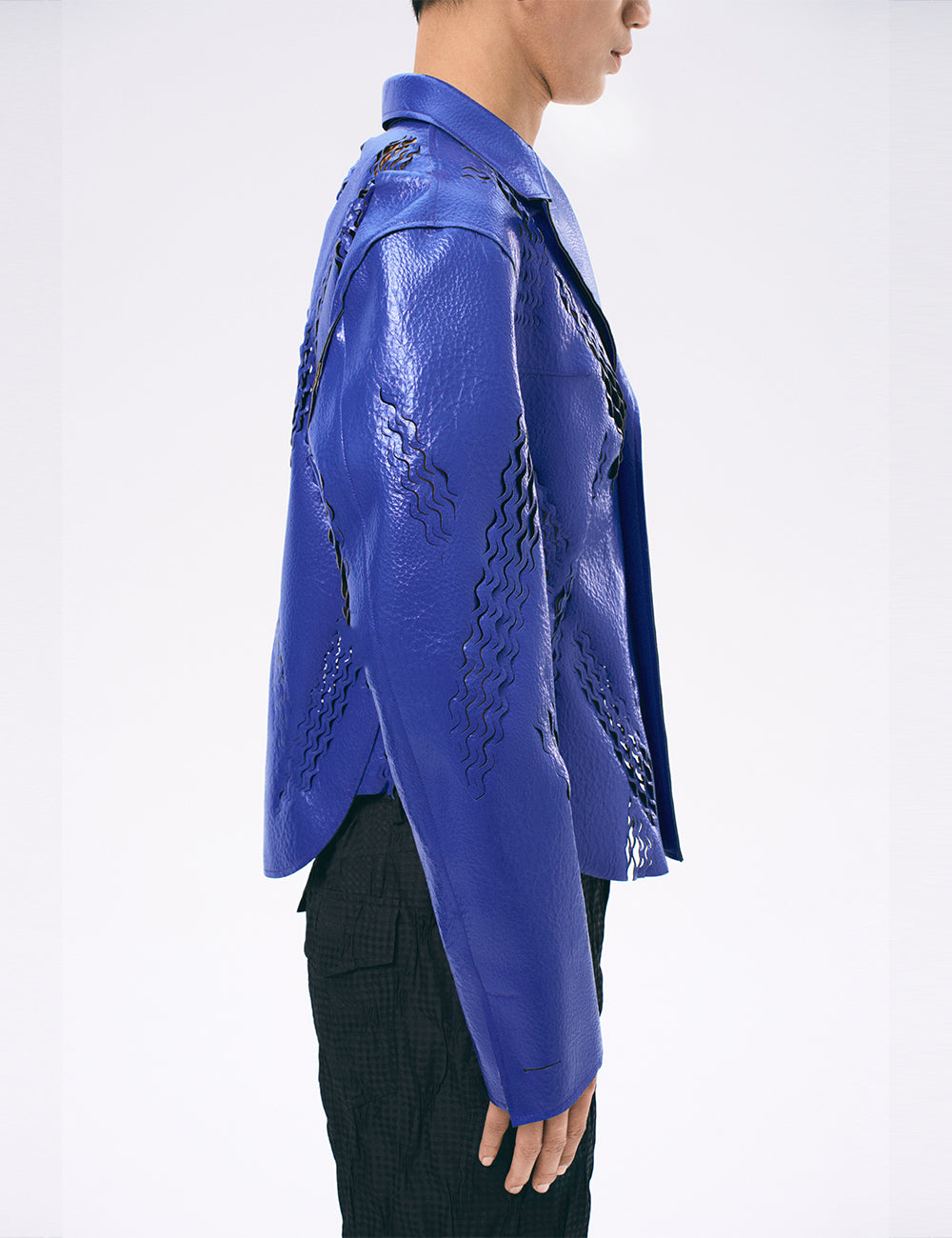 Blue Laser Cut Structural Faux Leather Jacket
