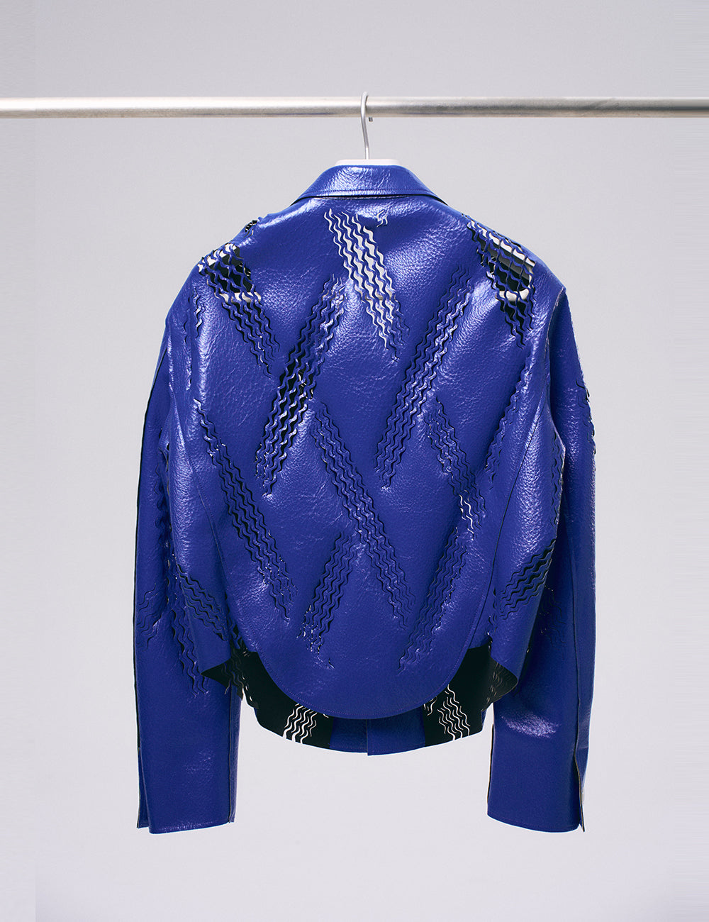Blue Laser Cut Structural Faux Leather Jacket